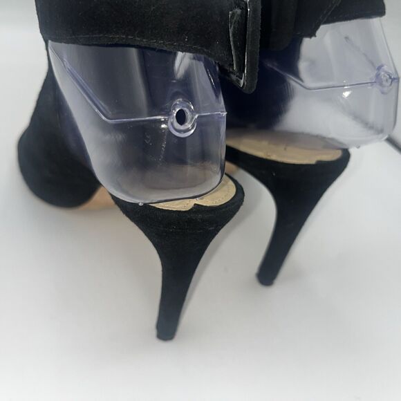 Via Spiga 6.5 Black Suede Peep Toe Buckle Strap Heels - Picture 6 of 7